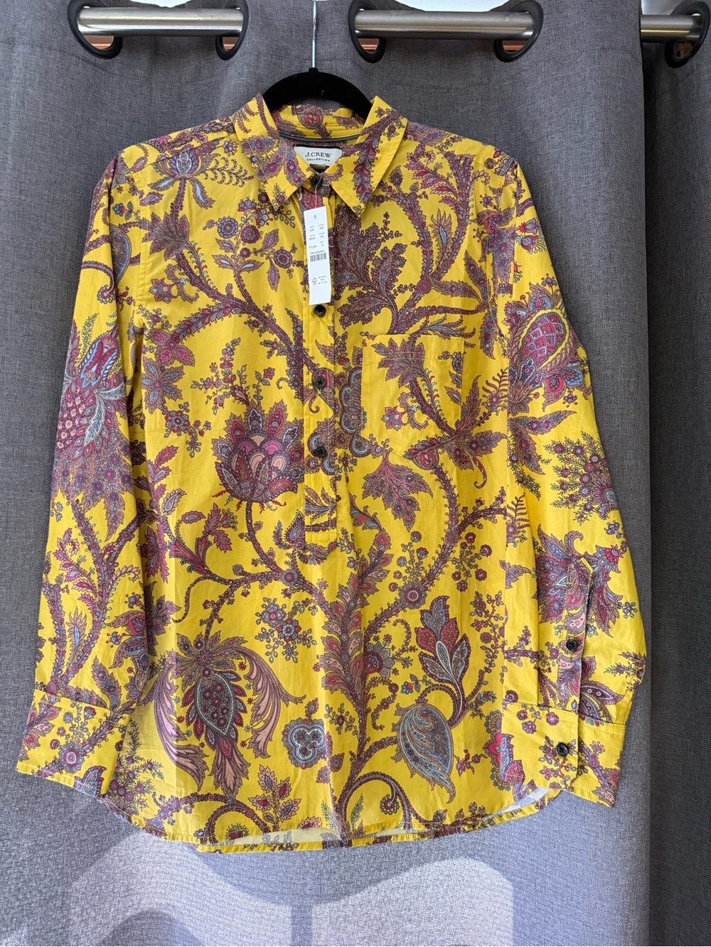 J. Crew Yellow Paisley Popover Shirt with Pink and Blue Accents